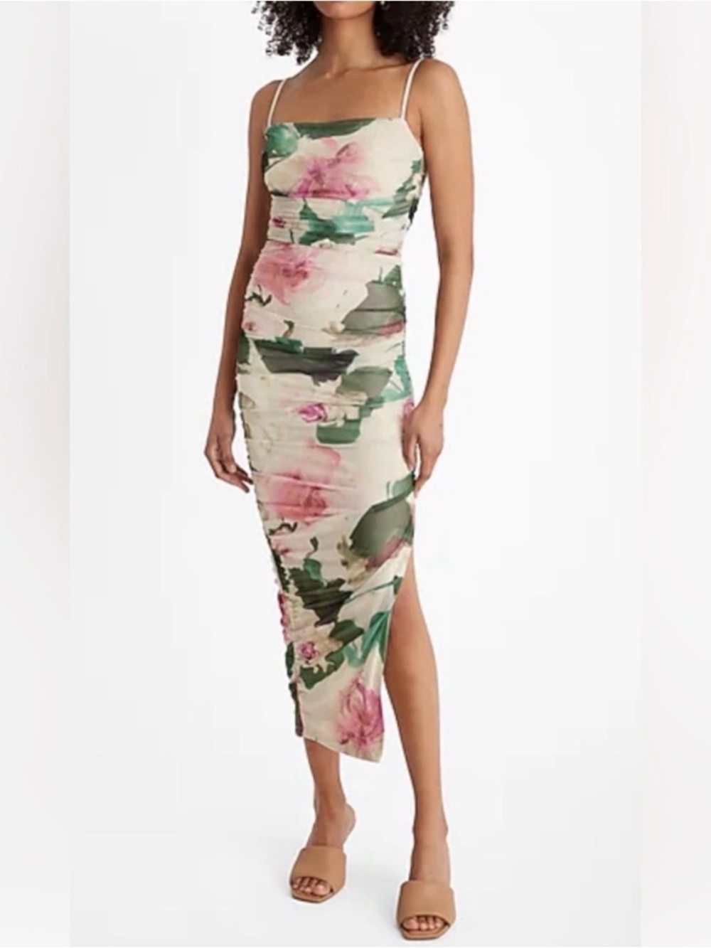 Express Floral Bodycon Midi Dress Medium Beige Floral Ruched Side Slit